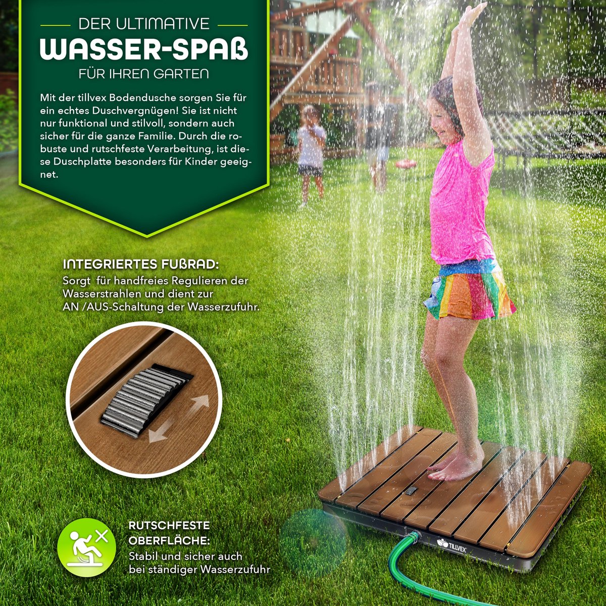 tillvex® Tuindouche voor buiten met een fonteinhoogte tot 4 m | Vloerdouche met voetpedaal | Antislip campingdouche buitendouche | Weerbestendige sauna- en gemaakt van aluminium/WPC (Rechthoekig) thumbnail 5