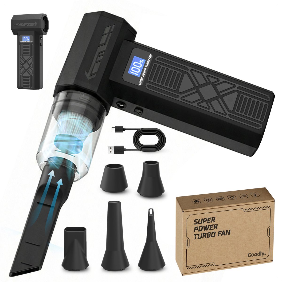 Goodly® pro 3-in-1 Auto Stofzuiger - Zuigen & Blazen - Oplaadbaar - 7 Opzetstukken - Kruimeldief - Handstofzuiger - Airduster - Zwart - Zaklamp