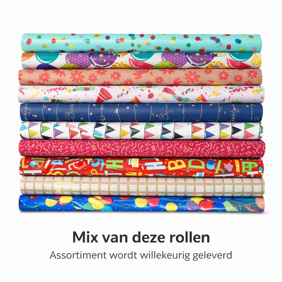 Inpakpapier - Happy & Kraft Mix - 6 Rollen - 200x70cm - FSC & Plasticvrij - Cadeaupapier