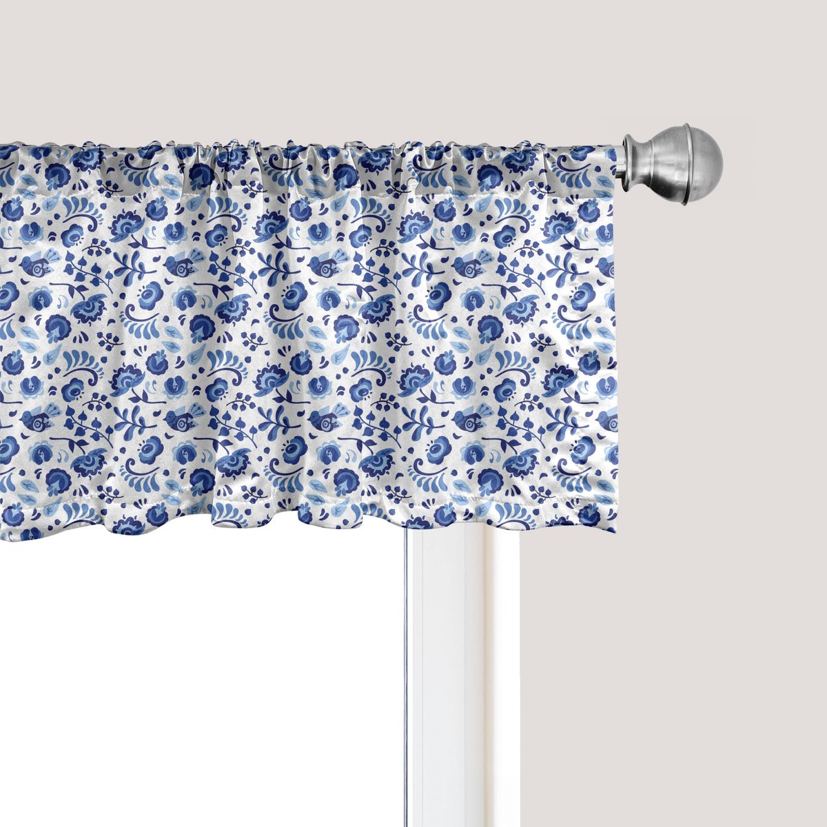 ABAKUHAUS Bloemenraamvalletje, Gordijnvalletje voor Keuken en Slaapkamer met Tunnelzoom, 137 cm x 45 cm, Wit Licht Azuurblauw