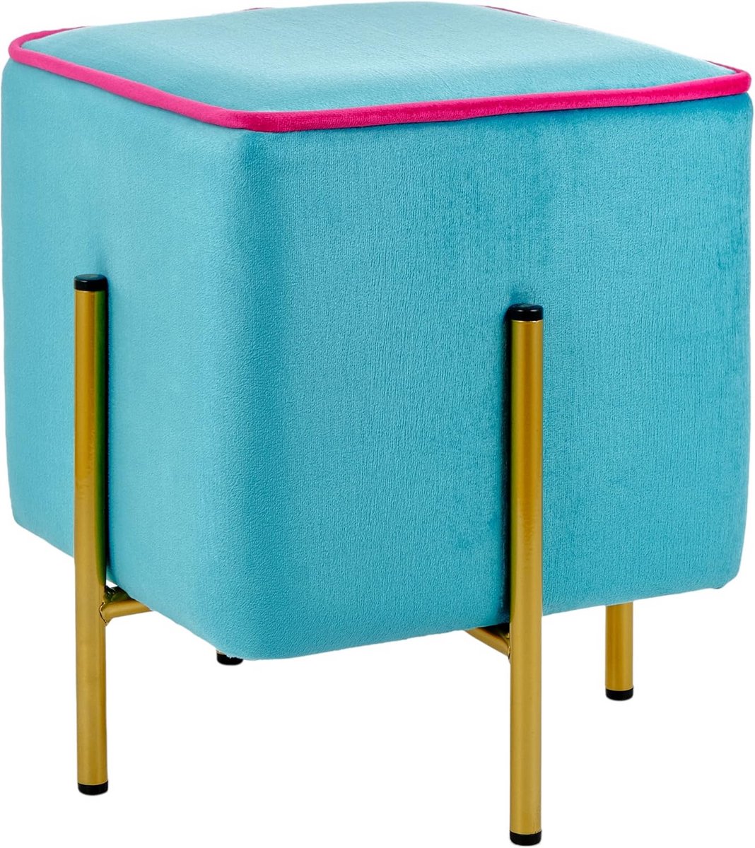 Fluwelen Zitkruk Turquoise met Fuchsia Rand - Gestoffeerde Voetenbank 33x38 cm