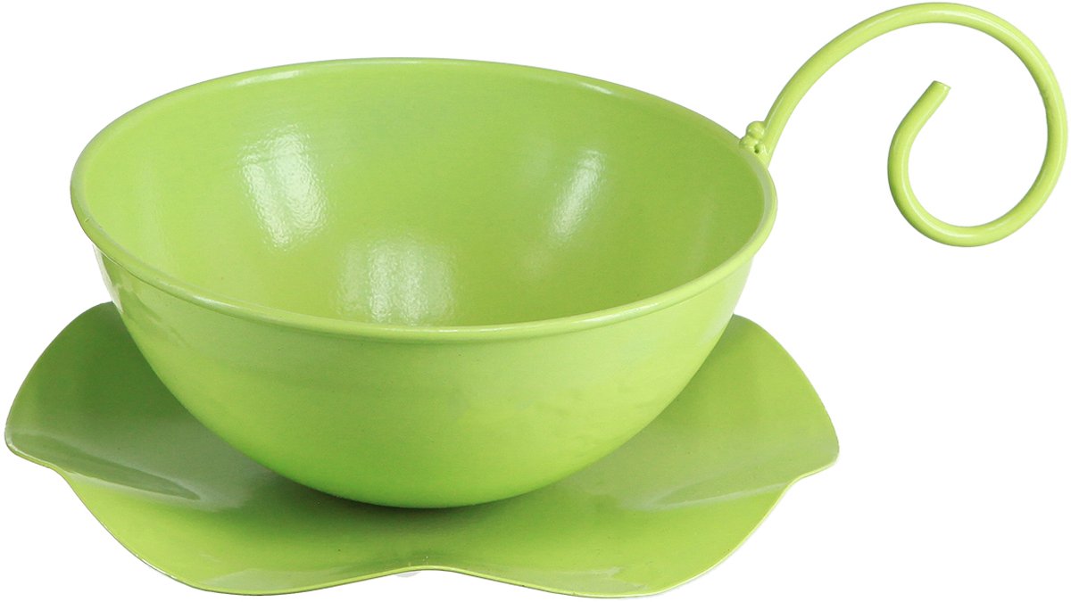Decoratieve metalen kop, appelgroen, met schotel, H8cm Ø11,5cm, 2 stuk
