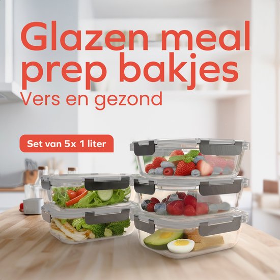 KitchenBrothers repas de Prep des conteneurs - 5 pièces - Couvercle hermétique - sans BPA - 1 litre - Glas