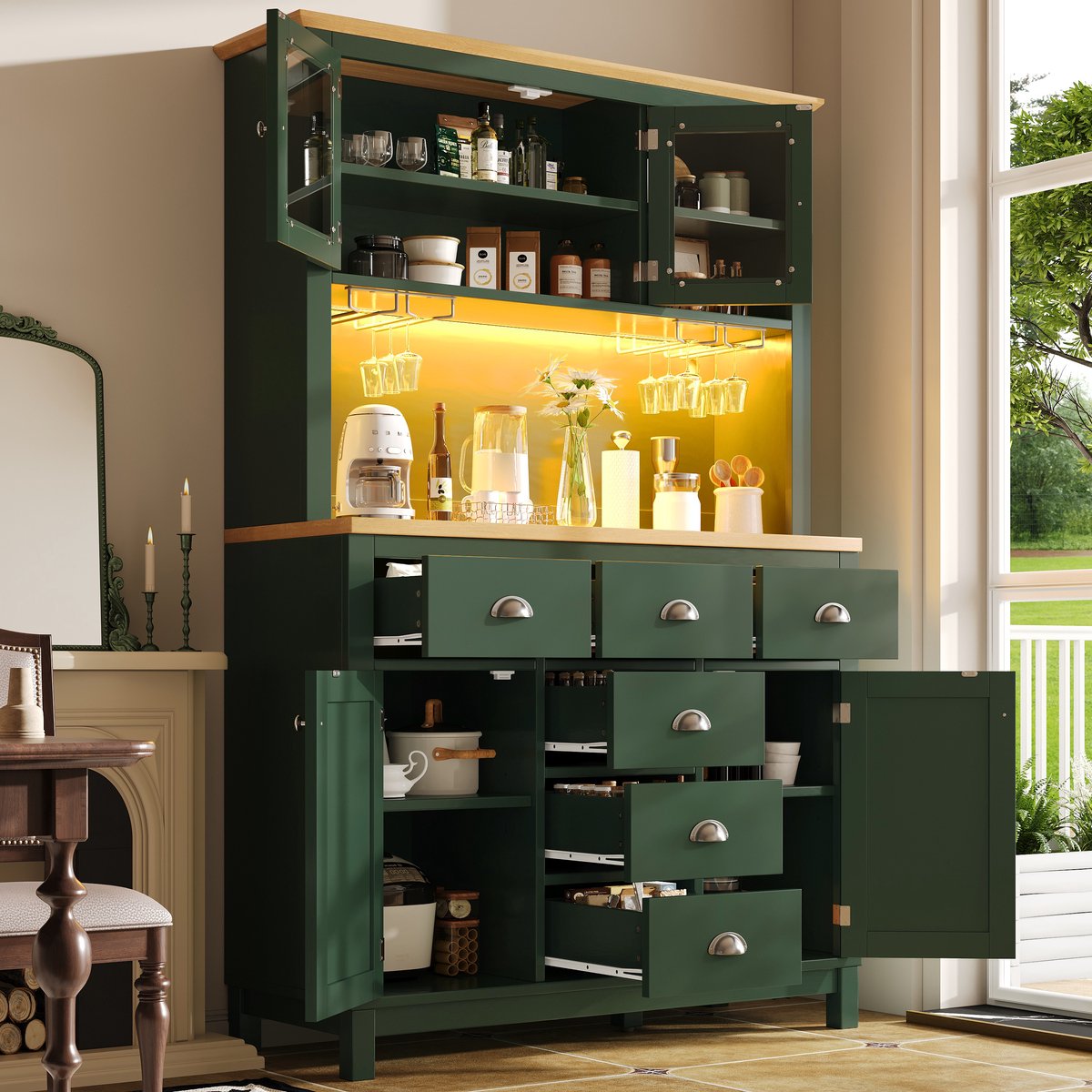 Dressoir 104x40x180 cm - opbergkast - keukenkast - buffetkast - landelijke stijl - 4 deuren - met LED-verlichting en drankrek - groen