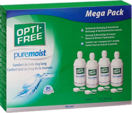Opti-Free Puremoist Mega Pack lenzenvloeistof. Vier flessen van 300 ml, vier lenshouders en een doos.
