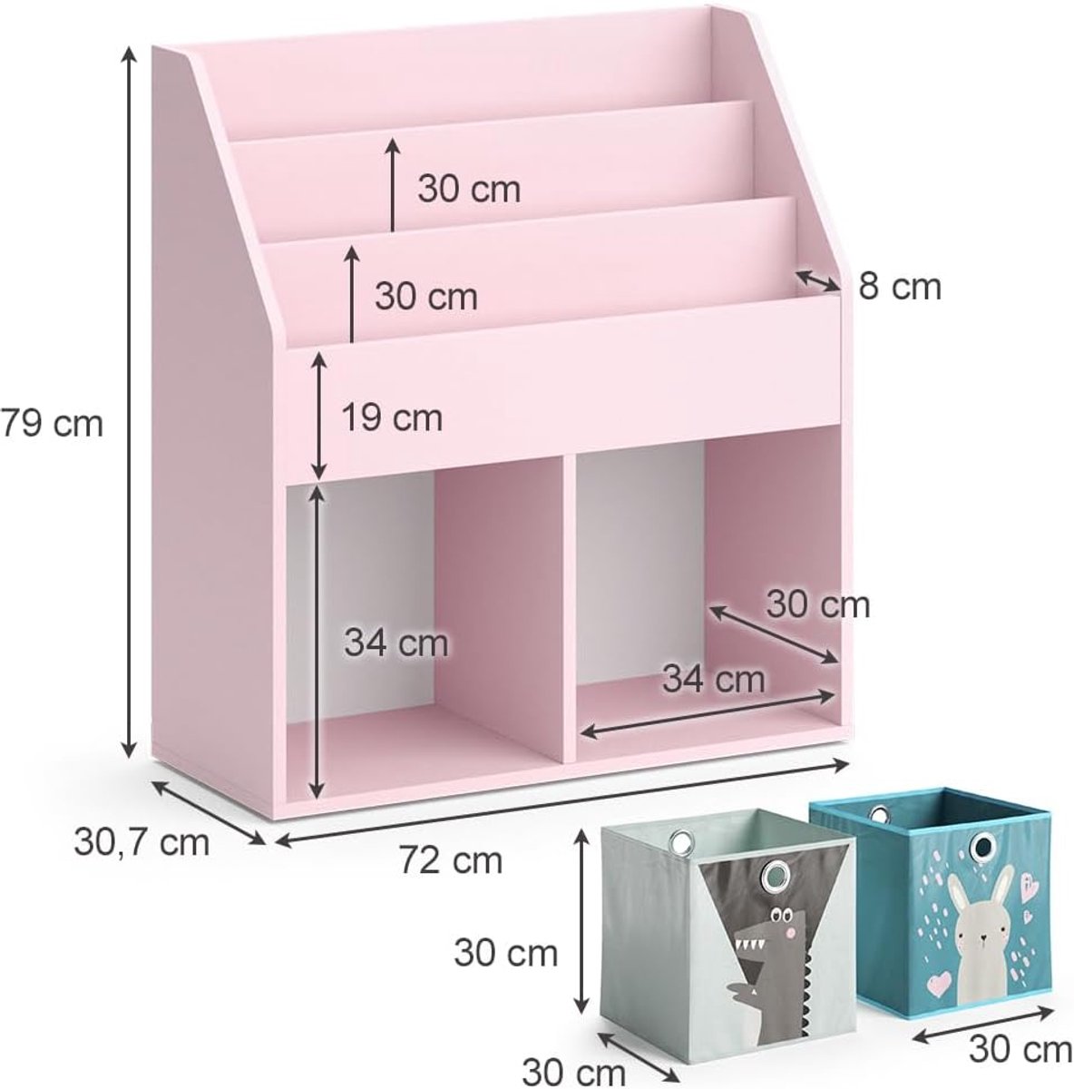 Kinderboekenkast – Casa Velluto LunaSpeel Roze Opbergkast 72x79 cm – Speelgoedkast met 2 Vouwdozen (Beer & Schaap) – Kinderkamer Boekenkast met Open Vakken – Ruimtebesparende Speelgoedopslag