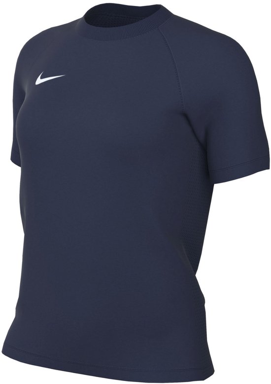 Donkerblauw Nike sportshirt met korte mouwen, ronde hals en wit Nike logo op de borst.