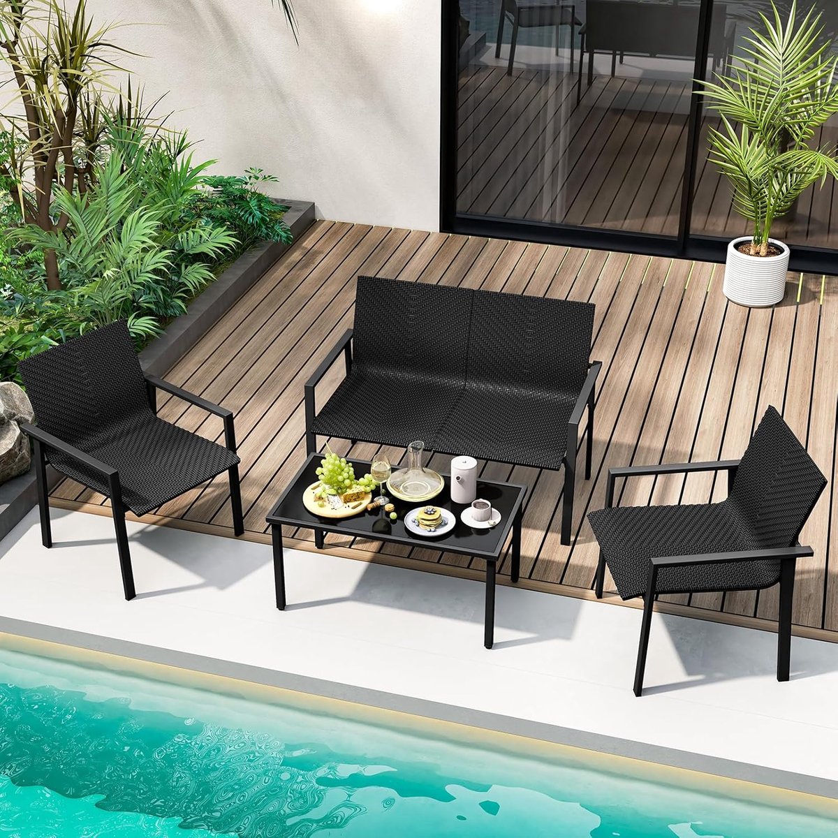 Tuinlounge Set 4-delig 117x67x84 cm met Bank, Stoelen en Tafel – Polyrotan Weerbestendig Balkon & Terras Meubelset Zwart Modern Design – Laura