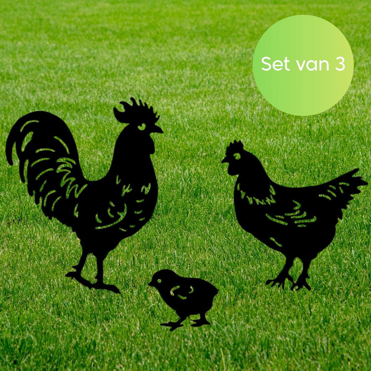Janse® Metalen tuinstekers kip, haan en kuiken - Tuindecoratie kippen 3 stuks - Tuinbeelden - Tuin steker set van 3 - Tuin figuren - Gazon steker - Silhouet van kip, haan en kuiken - Weerbestendig