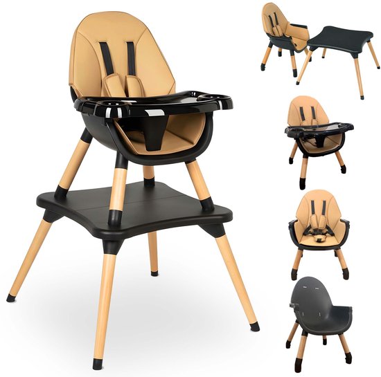 ComfyKidz® Multifunctionele Kinderstoel incl. Speeltafel - 5 in 1 Peuterstoel - Houten Eetstoel Baby tot 6 Jaar - Mocha Zwart