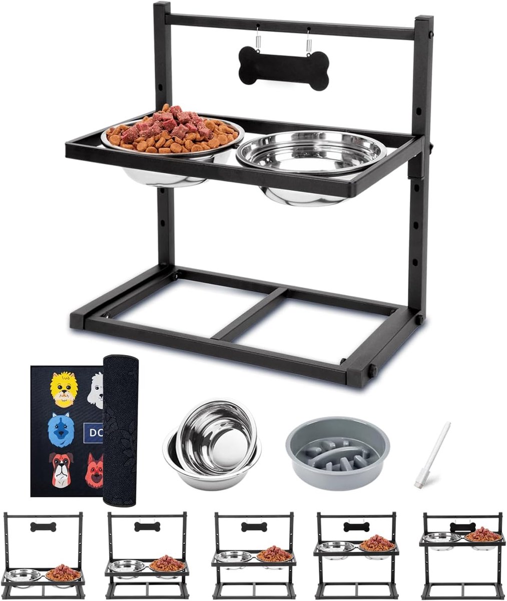 Verhoogde Hondenbakken - Slow Feeder Bakken - Comfortabel Eten - Verstelbare Hoogte - 1200 ml Bakken - Met Navy Mat