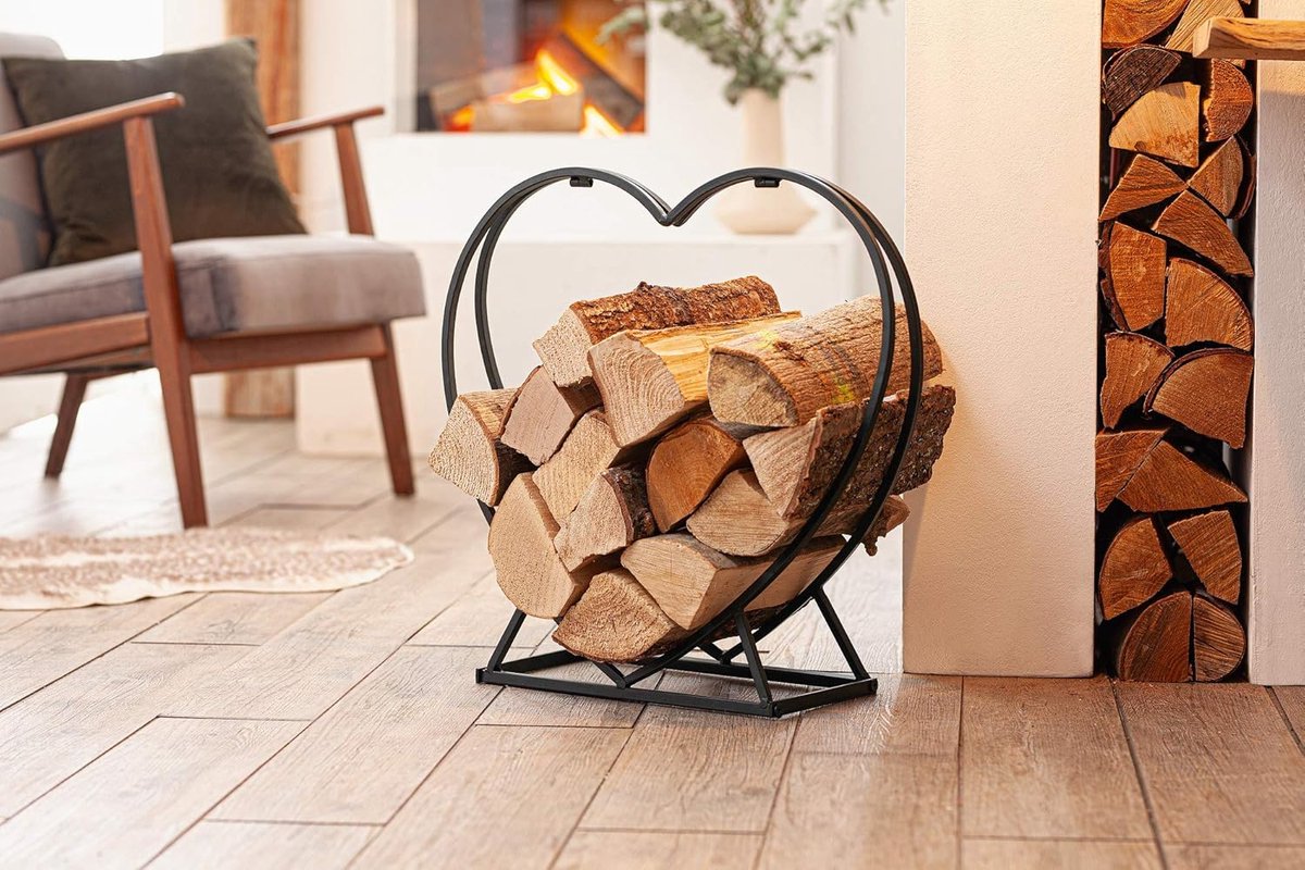 Brandhoutrek Hart - Haardhout Opslag - Buitenhaard Accessoires - Stabiele Voet - Mat Zwart