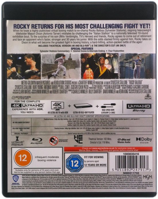 Achterkant van de Rocky Balboa 4K Ultra HD Blu-ray hoes met tekst, filmkiekjes en logo's. Bevat leeftijdsclassificatie '12'.
