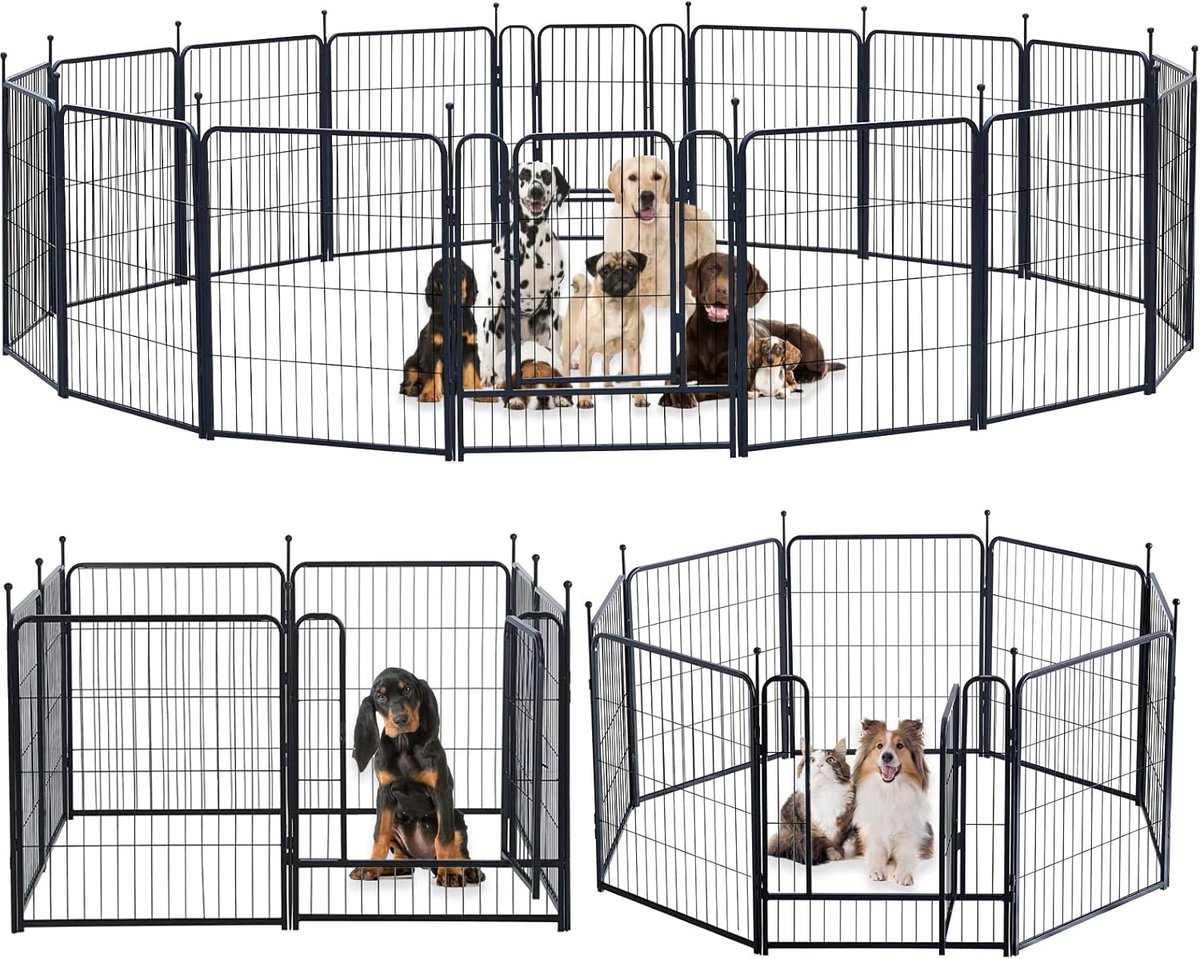 Hondenbox - Hondenren Opvouwbaar - Binnen Buiten - 16 Panelen Metaal - 70x15x798 cm - Zwart