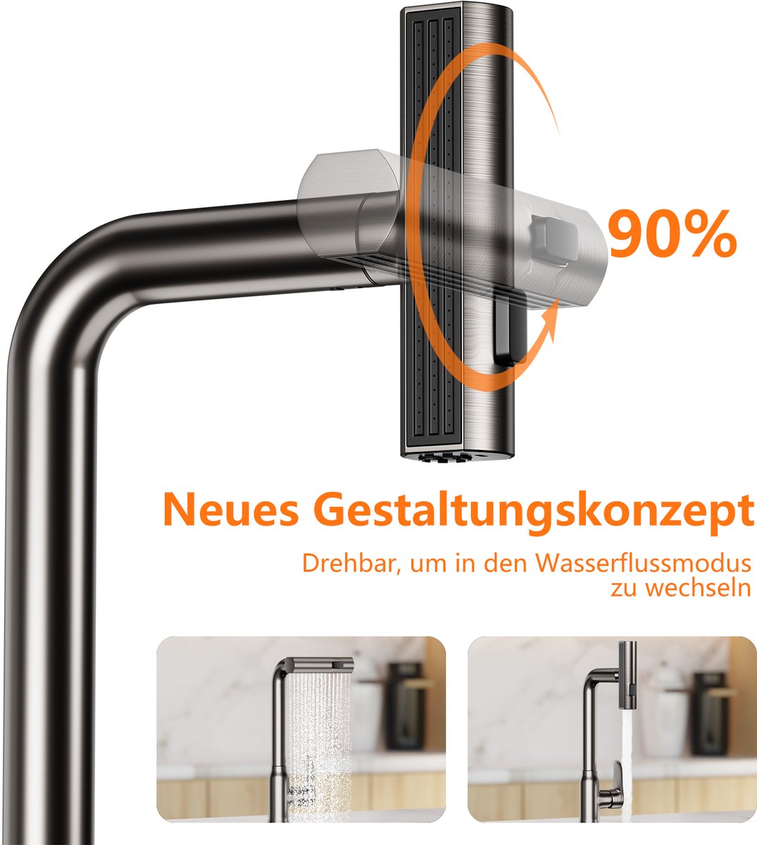 Intebiki keukenkraan met uittrekbare uitloop - 3 Waterstromen - 360° Draaibaar - Eenvoudig te Installeren - grijs - RVS