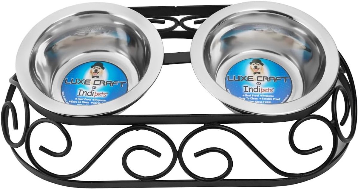 Verhoogde voerbakken - Dubbele voerbak standaard - Comfortabel eten - Smeedijzeren frame - Medium formaat - Roestvrij staal