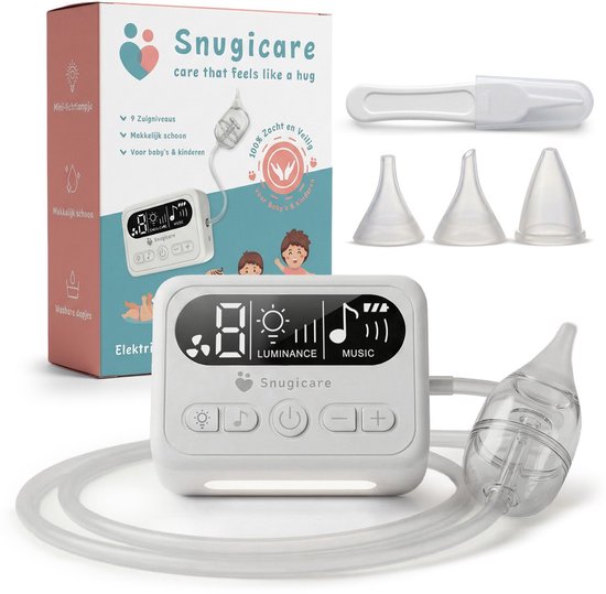 Productoverzicht van neusreiniger met doos en accessoires. Tekst: "Snugicare care that feels like a hug"