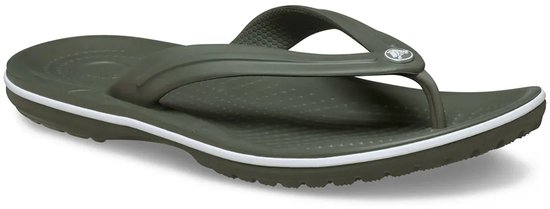 Olijfgroene Crocs Crocband slipper met witte rand.