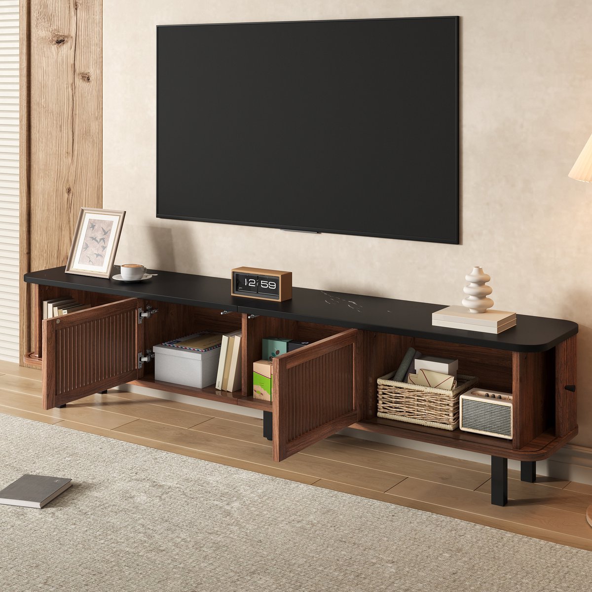 MODENUIT Tv-meubel - Schuifdeuren En Roosterdeur - Voor Woonkamer En Slaapkamer - MDF In Noten - 190x35x45 cm