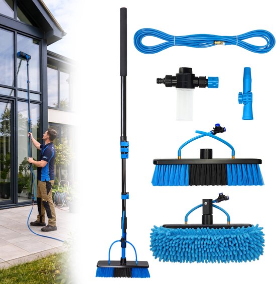 Raamwisser Met Telescoopsteel 4.7 Meter - Uitschuifbare Wasborstel - Ruitenreiniger - Raamtrekker Professioneel - Ramenwasser - Raamreiniger Met Steel - Ruitenwasser Auto - Zonnepanelen - Waterdoorvoer - Waterbezem - Waterborstel - Cleanrite - Blauw