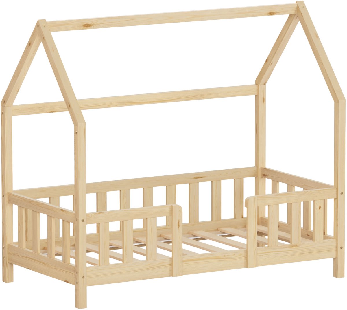 ml-design kinderbed montessori 70x140 cm met valbeveiliging houten huisbed voor meisjes en jongens massief grenenhout naturel dak lattenbodem duurzaam jeugdbed peuterbed juniorbed veilig en laag kinderbed slaapplaats kinderkamer bedframe Natuur