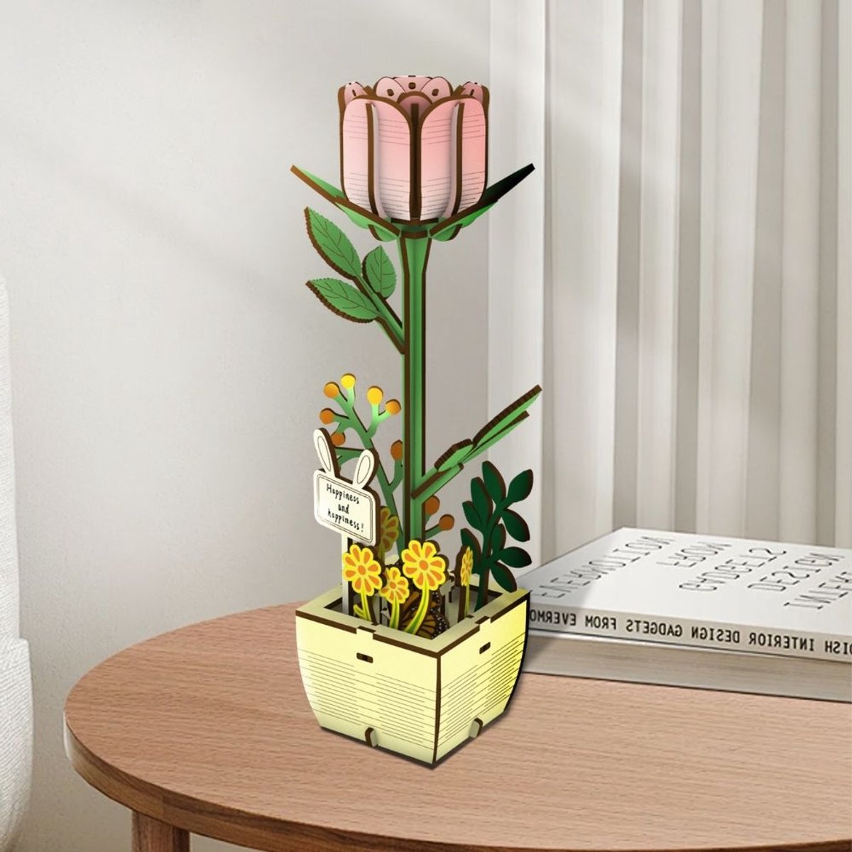 Figured'Art 3D Houten Puzzel - De Roos - DIY Bouwset Zonder Lijm Monteren - Originele Interieur Decoratie - Creatief Hobbypakket voor Volwassenen - Frans Merk