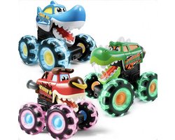 3 stuks Monster Truck Speelgoed, Druk-en-Ga Auto’s met LED Verlichte Wielen, Dieren Vorm Offroad Voertuigen, Kinderspeelgoed voor Jongens en Meisjes 3+ Jaar, Verjaardagscadeau