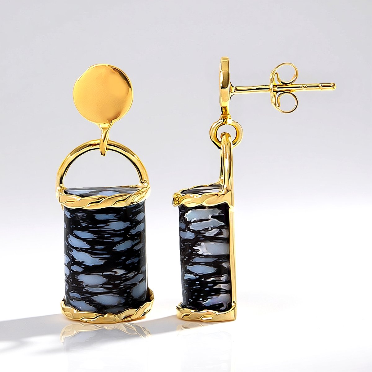 Cavill - Zilveren Oorbellen Verguld - 925 Sterling Zilver - 11 ct Versteend Jambi Palhout - Elegante Ovale Bali Barong Stijl - 30 mm Baguette Cabochon