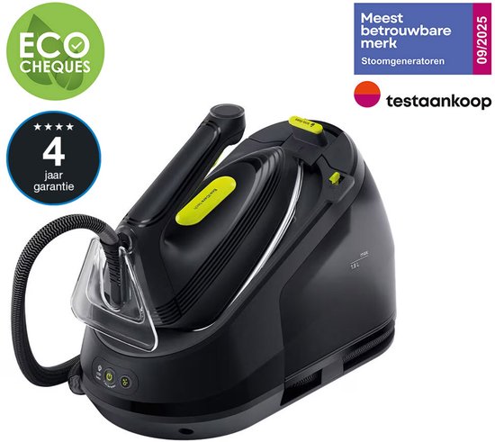 Zwarte stoomgenerator met opbergstandaard, met 'Eco Cheques' en '4 jaar garantie' logo's.