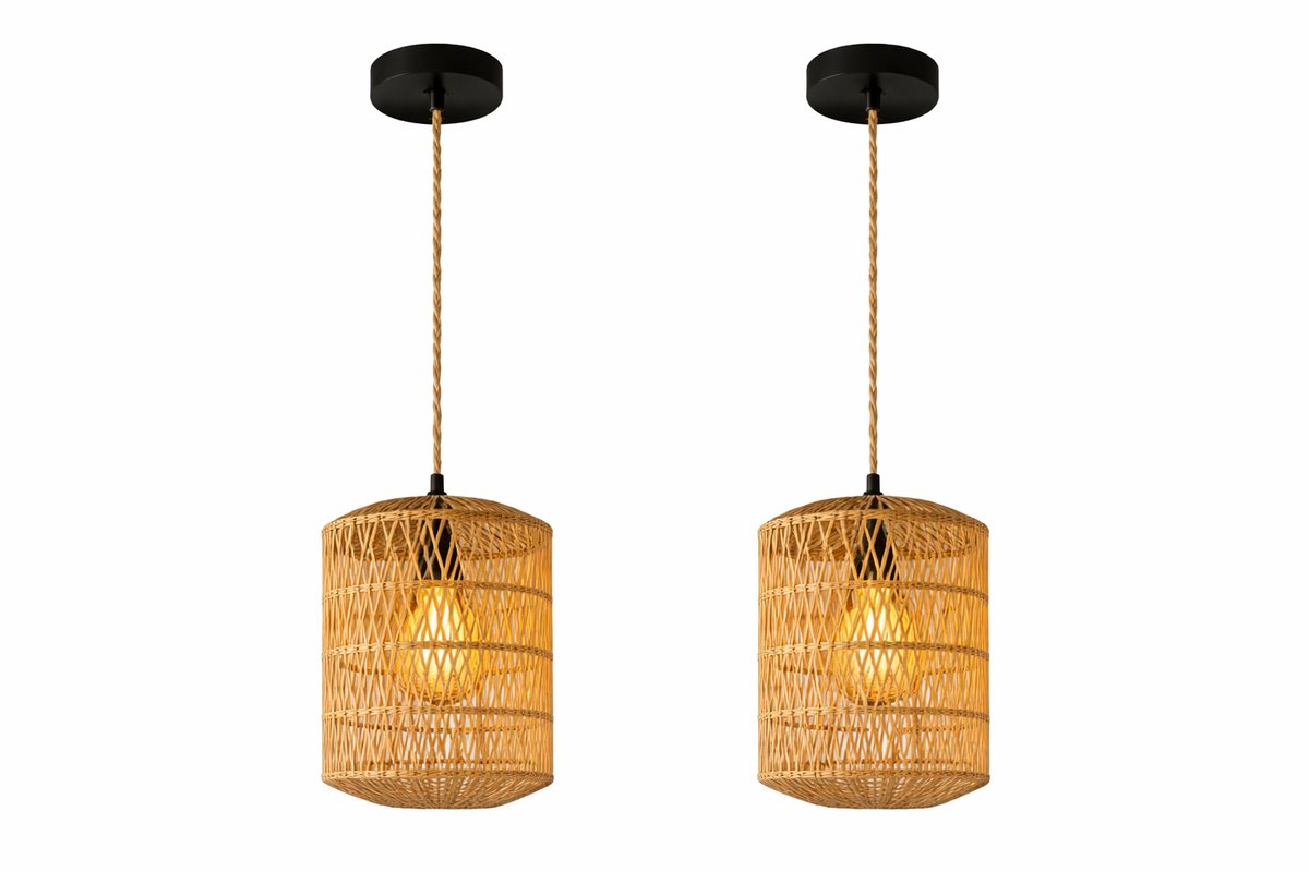Jurrys Hanglamp - Plafondlamp - Eetkamerlamp - Boho lamp - Set van 2 - Verstelbare Kabel 150 cm - Rotan - Metaal - 17.5 x 21 cm