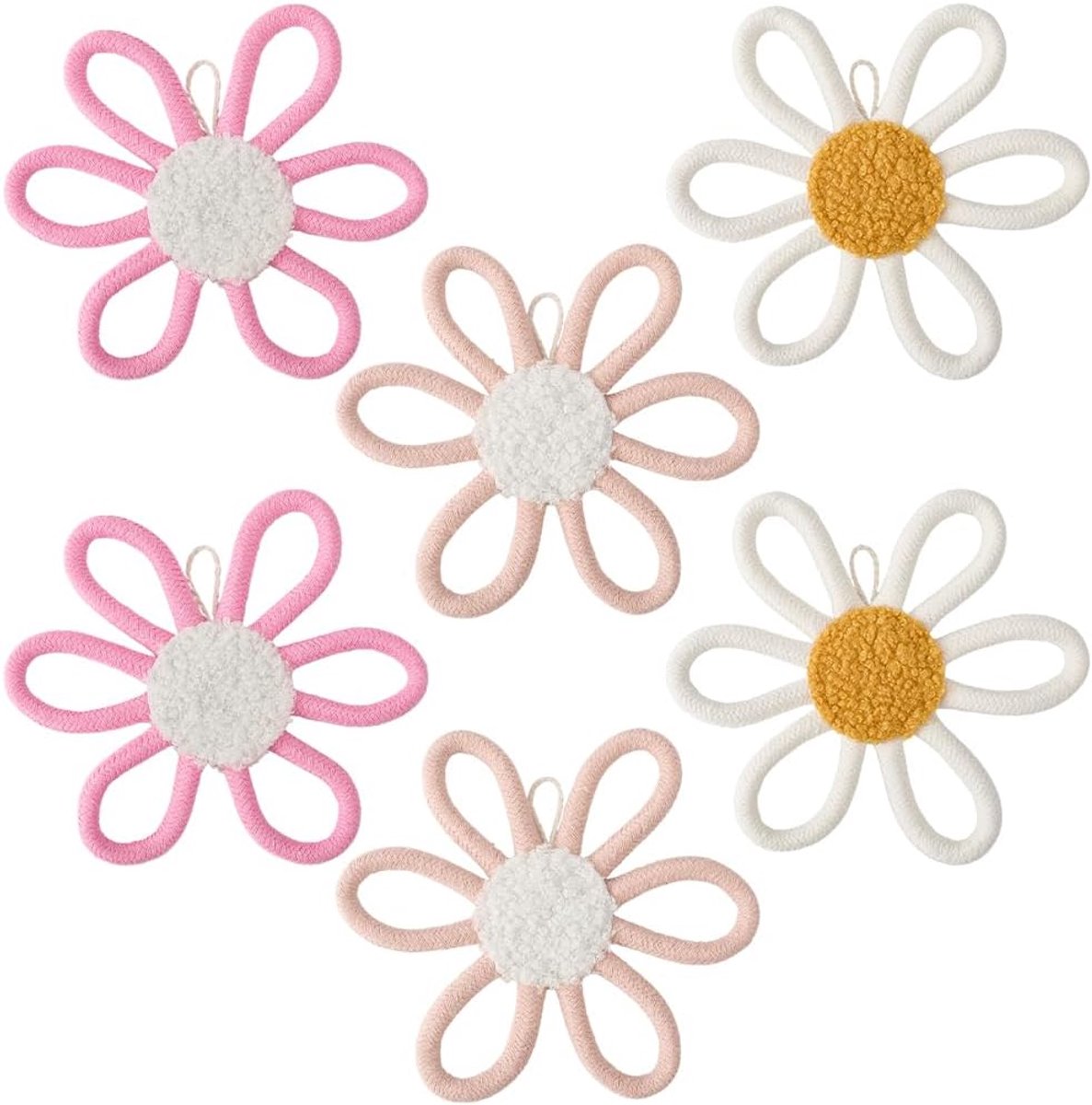 Madeliefje muurdecoratie - Geweven bloemen kunst - Babykamer decoreren - Set van 6 stuks - 14 x 15 cm