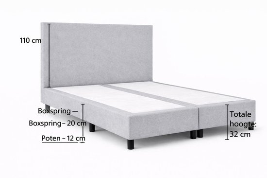 Grijze boxspring met hoofdbord. Afmetingen: hoofdbord 110 cm hoog, boxspring 20 cm hoog, poten 12 cm hoog, totale hoogte 32 cm.