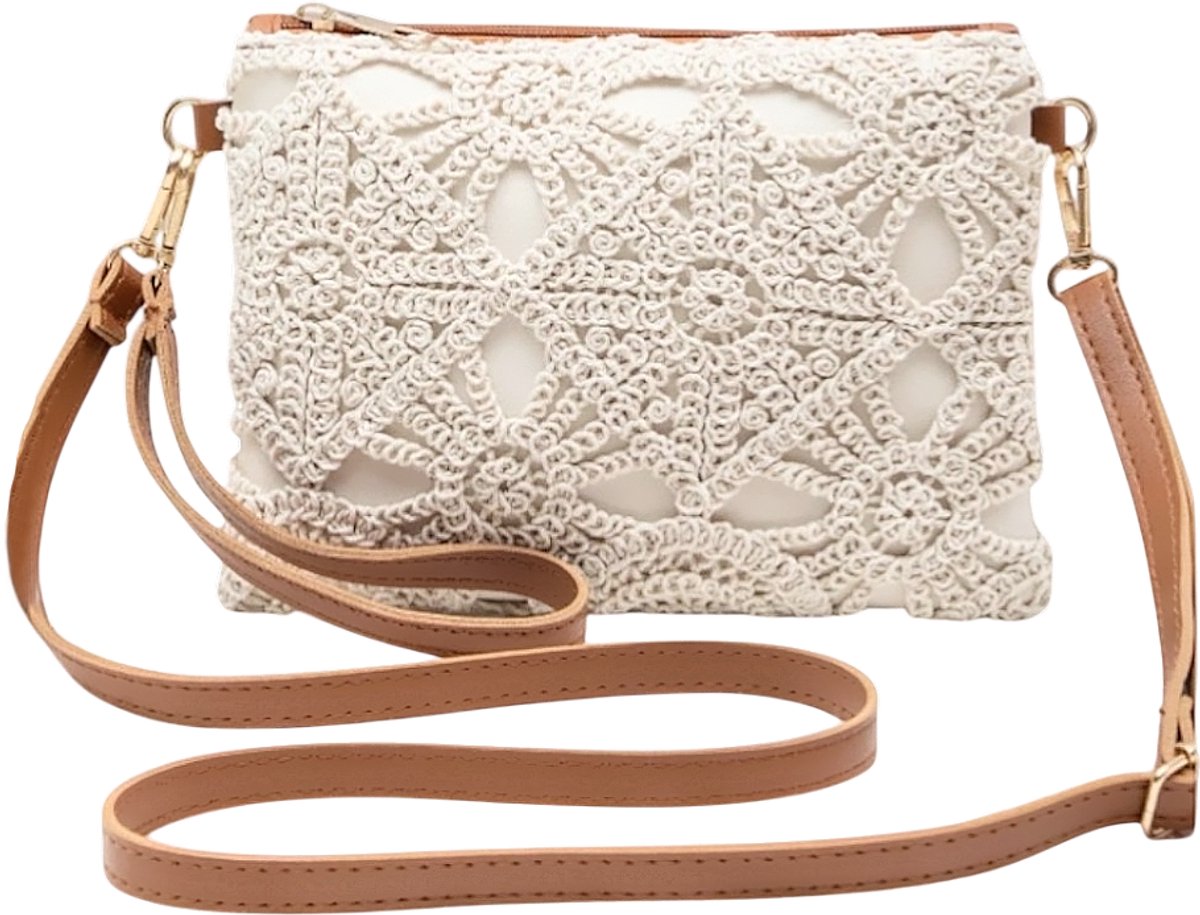 Ibiza Tasje - Crème/Bruin | Telefoontasje / Strandtasje | 21 x 16 x 1,5 cm | Fashion Favorite