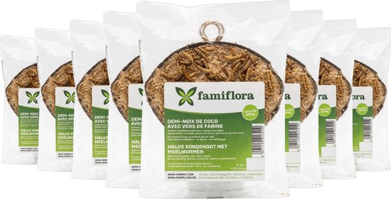 Famiflora Halve Kokosnoot Gevuld - 8 stuks (1.6KG) - Buitenvogels - Met Meelwormen - +/- 200g per stuk - Voor tuinvogels - 100% Natuurlijke houder - Verrijkt met meelwormen - Direct op te hangen