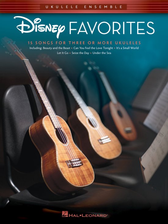 Titelpagina van 'Disney Favorites', muziekboek voor ukulele-ensembles, met drie ukuleles.