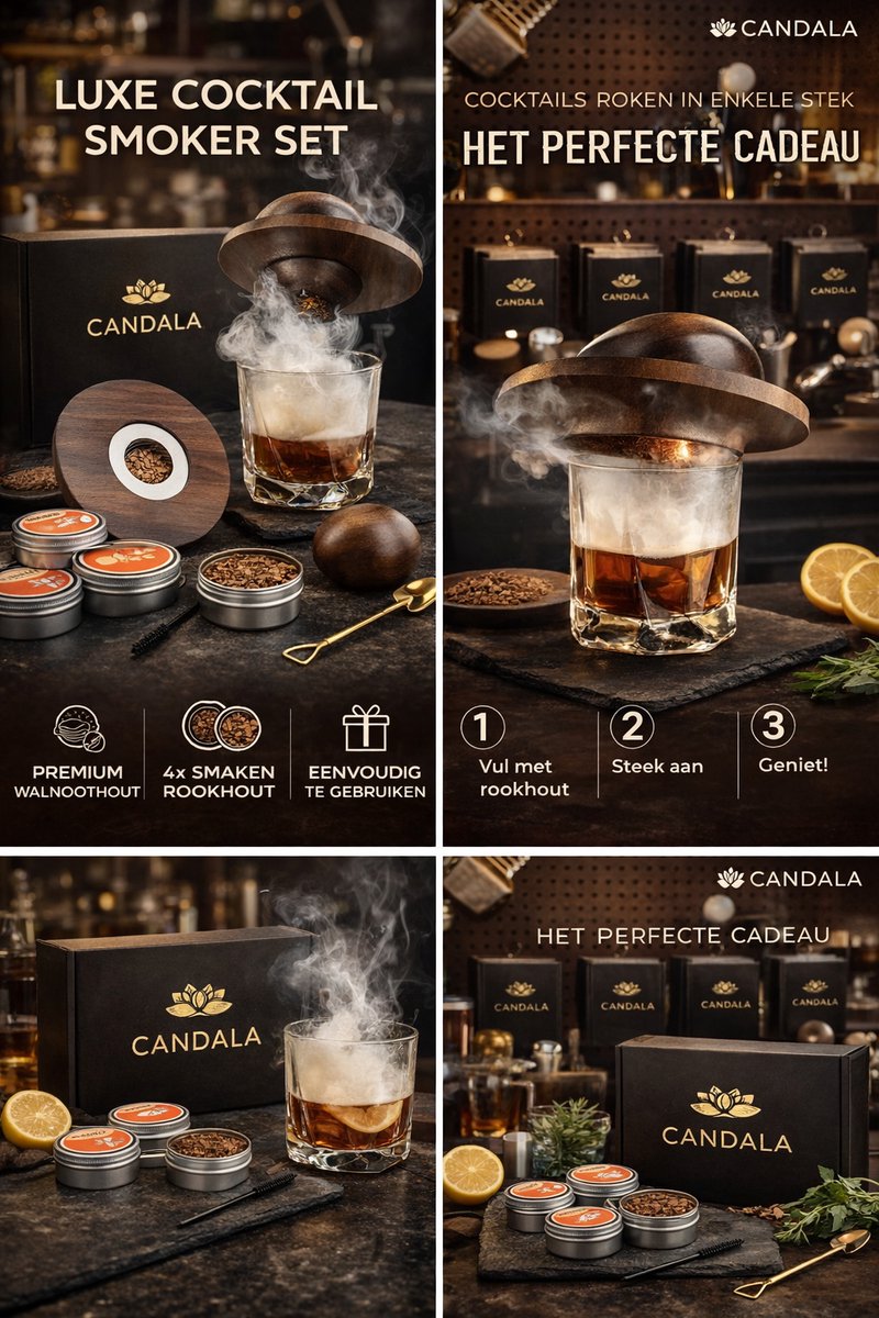 Candala Cocktail Smoker Kit met 4 houtsnips, ouderwetse whiskyrokerset, whiskyroker voor drankjes, cocktails, wijn, bourbon, whisky-geschenksets cadeau voor mannen, echtgenoot, papa-walnoot