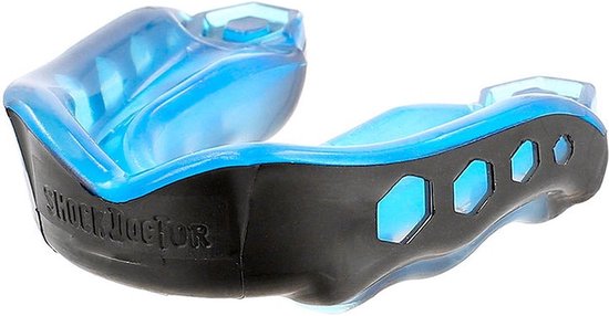 Blauwe mondbeschermer met zwarte rand en hexagonale openingen.