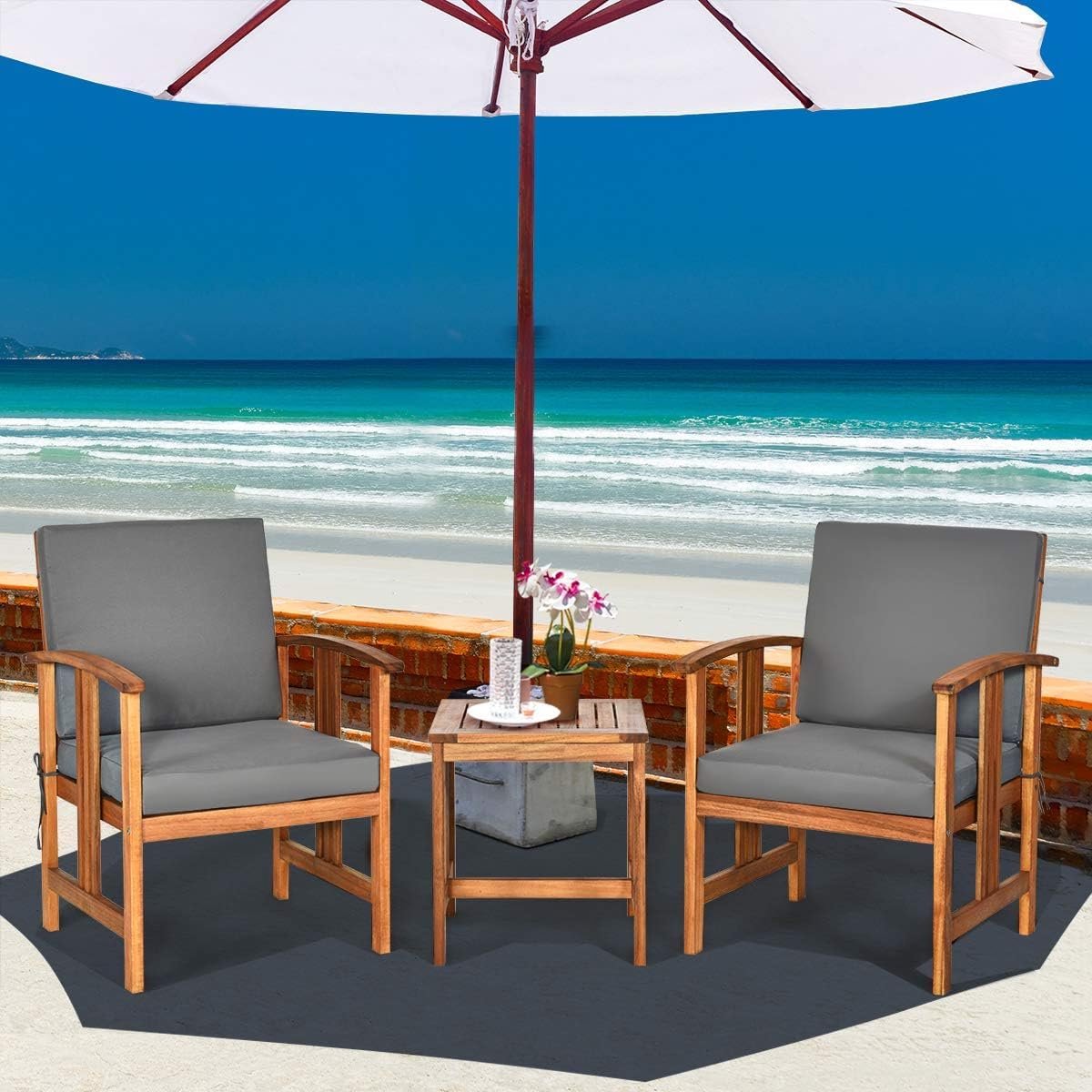 3-delige Tuin Bistroset Acaciahout – Loungeset met Kussens en Tafel – Stoelen 61x69x87 cm & Tafel 45x45x48 cm – Weerbestendig, Ergonomisch Design – Laura