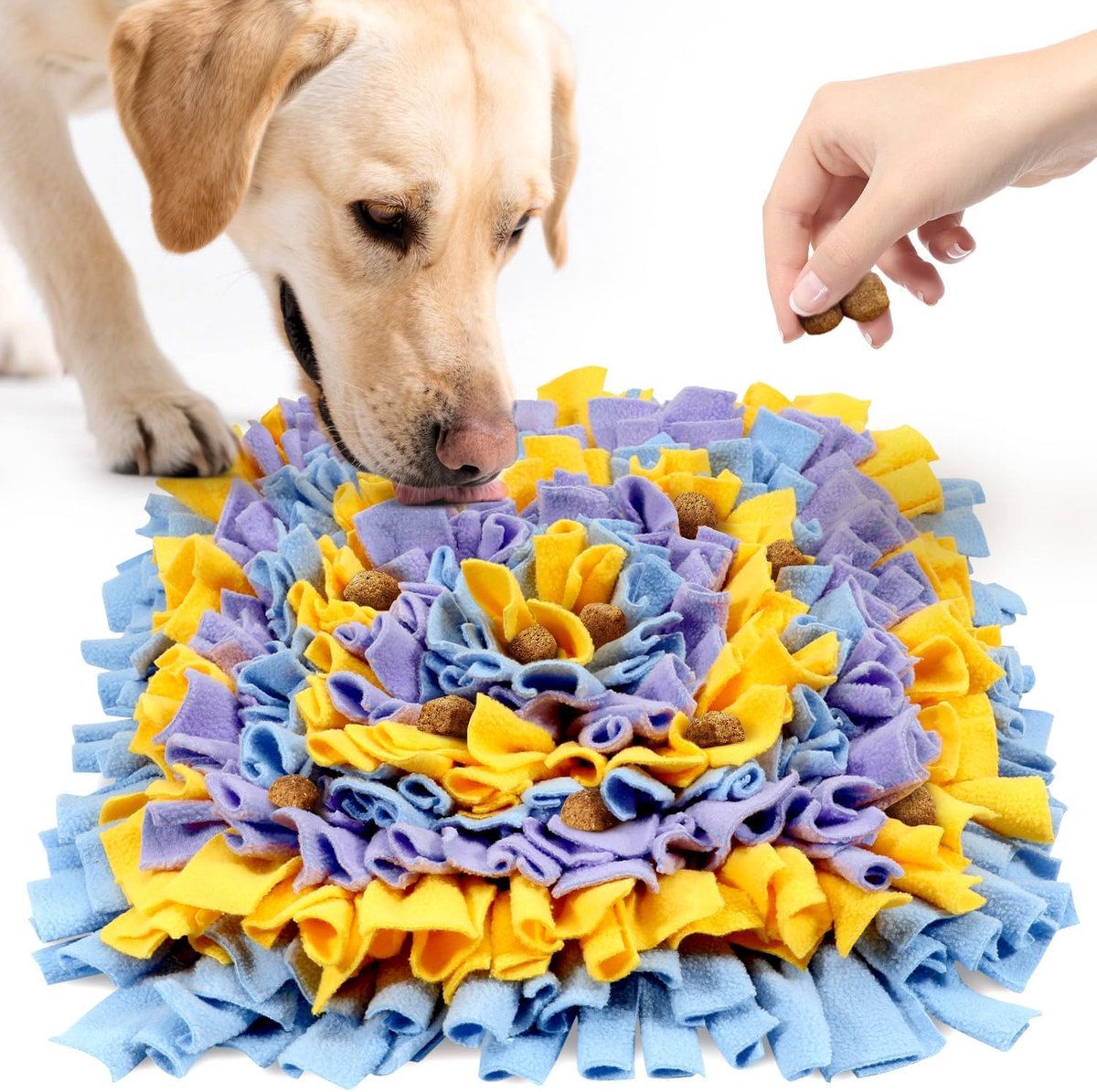 Hondensnuffelmat - Voermat Puzzel - Mentale Stimulatie - Handgeweven Ontwerpen - 45x45 cm - Geel Blauw Paars