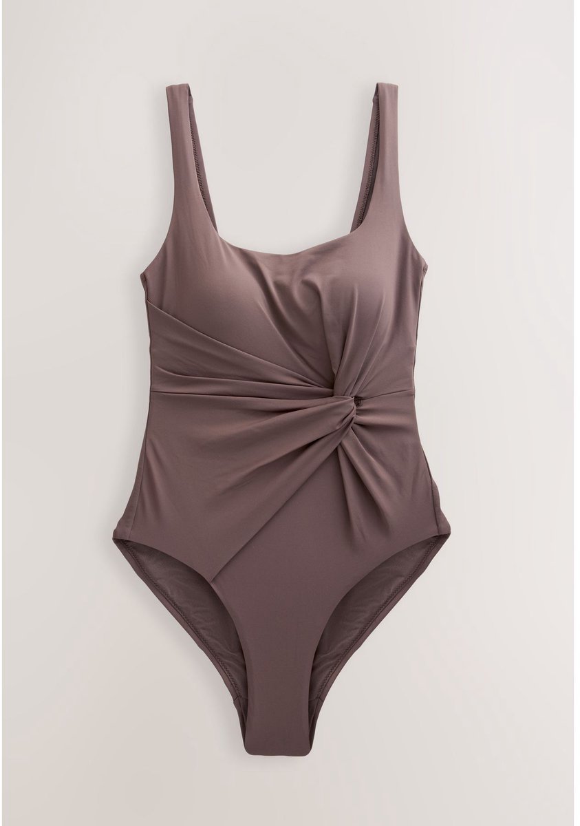 Next Dames - Buikcorrigerend badpak met gedraaide watervalhals - Bruin Chocolate Brown
