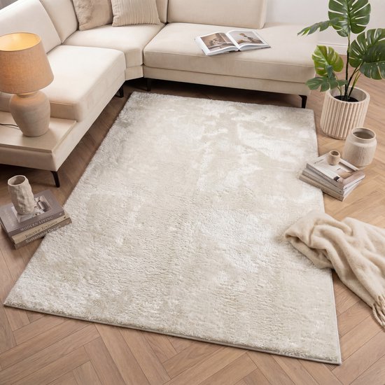 Crème Tapijt Wasbaar Laagpolig Vloerkleed met Anti Slip Koho Soft Comfort Wasbaar op 30° - 160x230cm- Modern - Woonkamer - Salon - Slaapkamer - Eetkamer