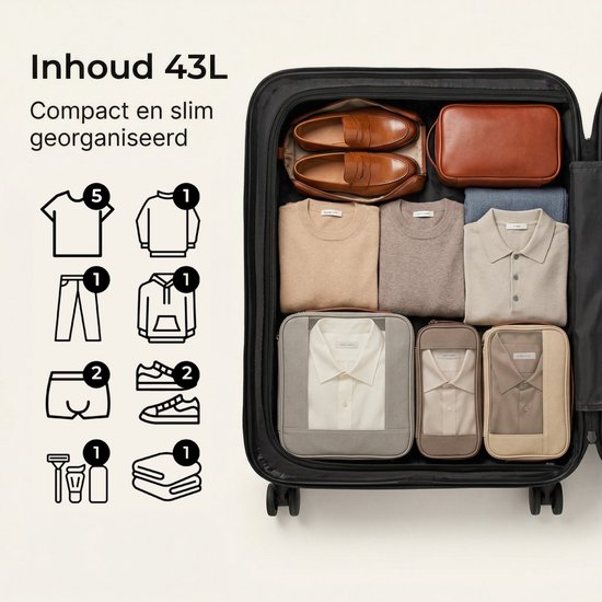 Een geopende 43L beige koffer met inhoud: kleding, schoenen en toiletartikelen.