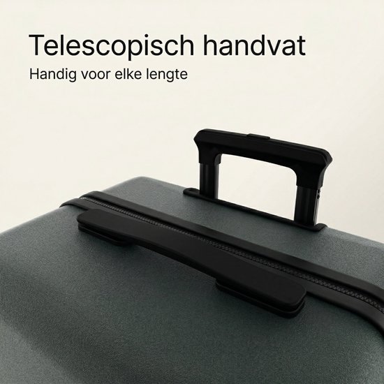 Dichtbij beeld van het uitschuifbare handvat van een donkergroene koffer.