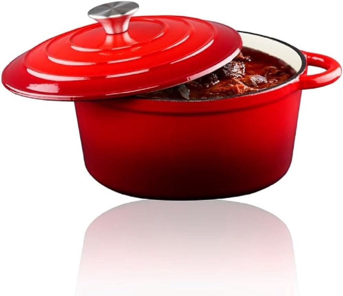 Gietijzeren Braadpan met Deksel - Diameter 24 cm - Voor Alle Warmtebronnen - Rood