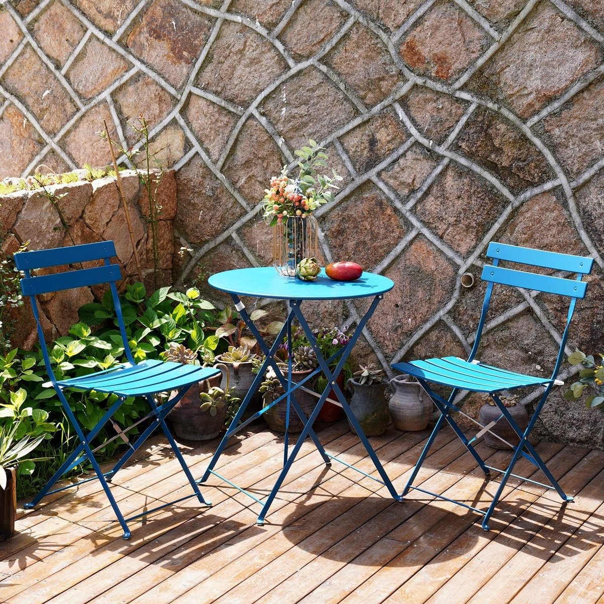 Bistro Tuinset 3-delig – 2 inklapbare stoelen + 1 tafel, Pauwblauw, Stijlvol Modern, Middelgroot (97 x 17 x 63 cm) – Duurzaam Staal, Onderhoudsvrij – Balkon, Tuin, Binnenplaats | Laura