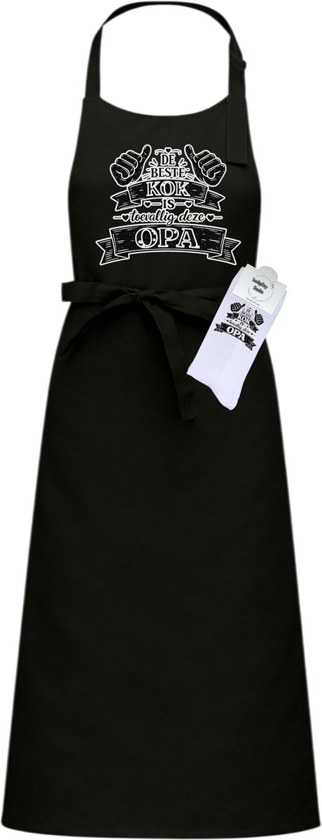 Keukenschort en sokken met tekst - Giftset - De beste kok is toevallig deze opa - Moederdag - Vaderdag - Zwart - Verstelbaar - Cadeau idee - Verjaardag - Cadeau dames en heren - Liefste Opa en Oma cadeau - Kerst cadeau - Grappig cadeau - Onesize