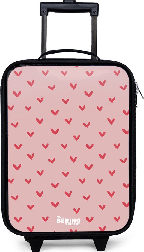 Zwarte kindertrolley met roze voorkant en rood hartjespatroon, met uitschuifbaar handvat.