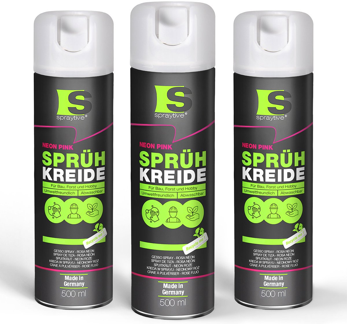 Spraytive 3x 500ml spuitkrijt neon roze markeerspray afwasbaar krijtspray voor tijdelijk markeren op asfalt gras en beton hoge dekking