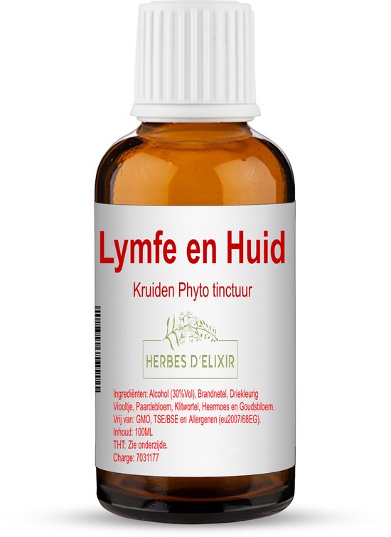 Flesje met kruiden tinctuur Lymfe en Huid, 100ml. Rode tekst: Lymfe en Huid, Kruiden Phyto tinctuur. Logo: HERBES D'ELIXIR.