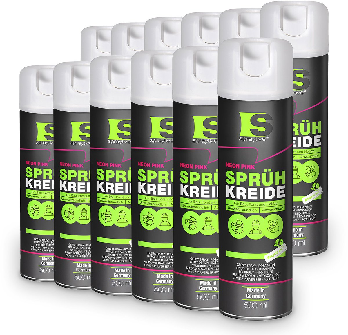Spraytive 12x 500ml spuitkrijt neon roze markeerspray afwasbaar krijtspray voor tijdelijk markeren op asfalt gras en beton hoge dekking